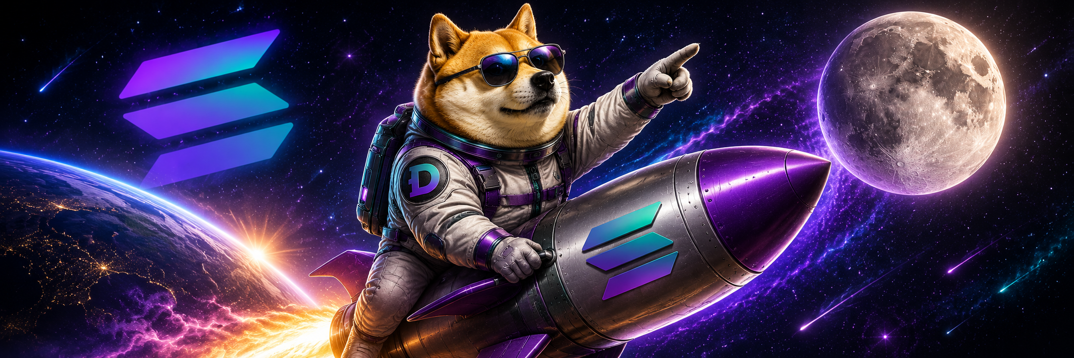 DOGE-1 astronaut dog riding a rocket toward the moon